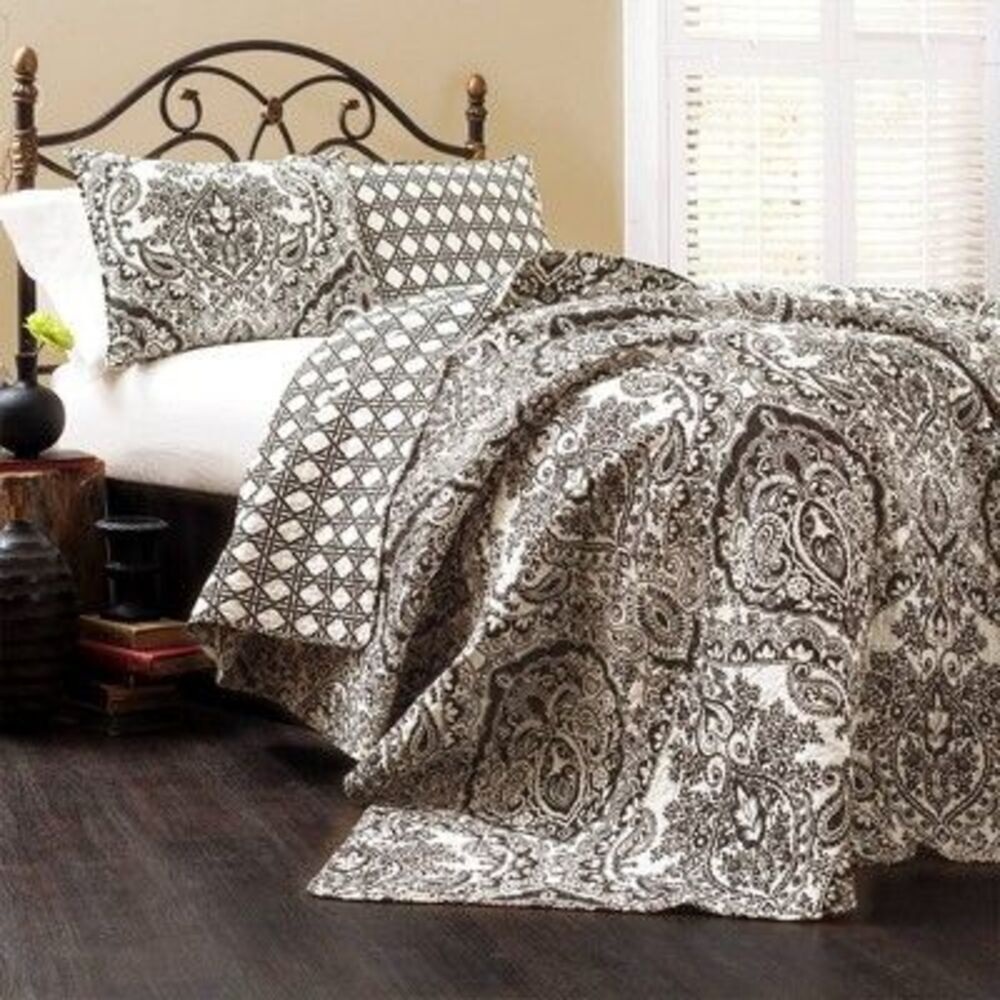 Lush Decor - Aubree 3 Piece Quilt Set (Full/Queen) Black/White  Black